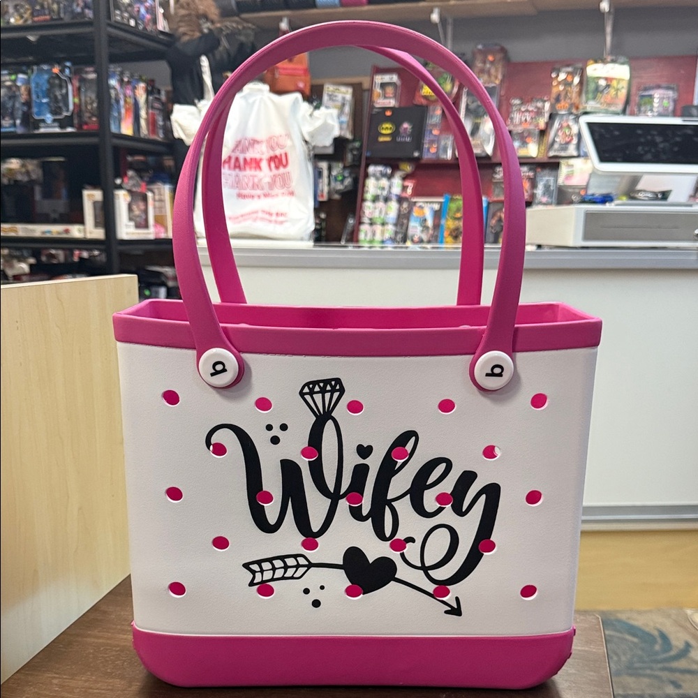 Chic Pink and White 'Wifey' Tote Bag Medium